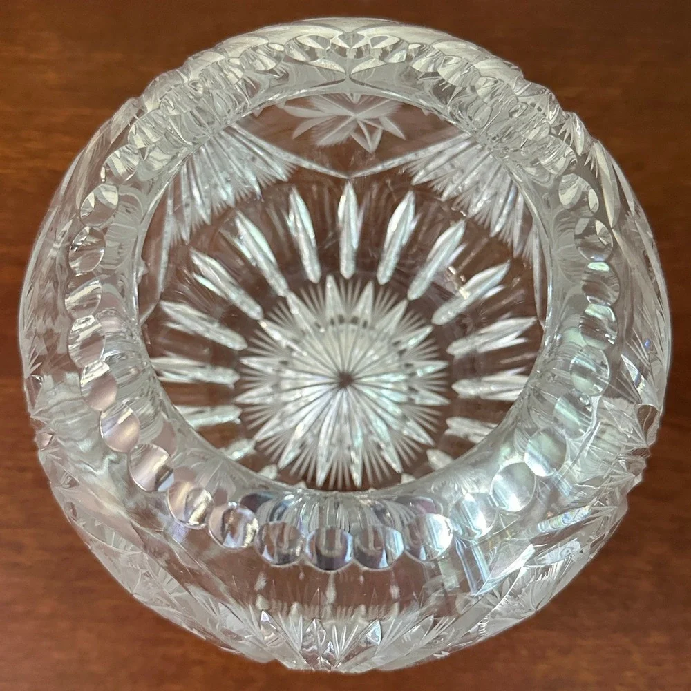Crystal Frosted Floral Etched Cut Glass Clear Rose Bowl Vase Vintage Cottagecore